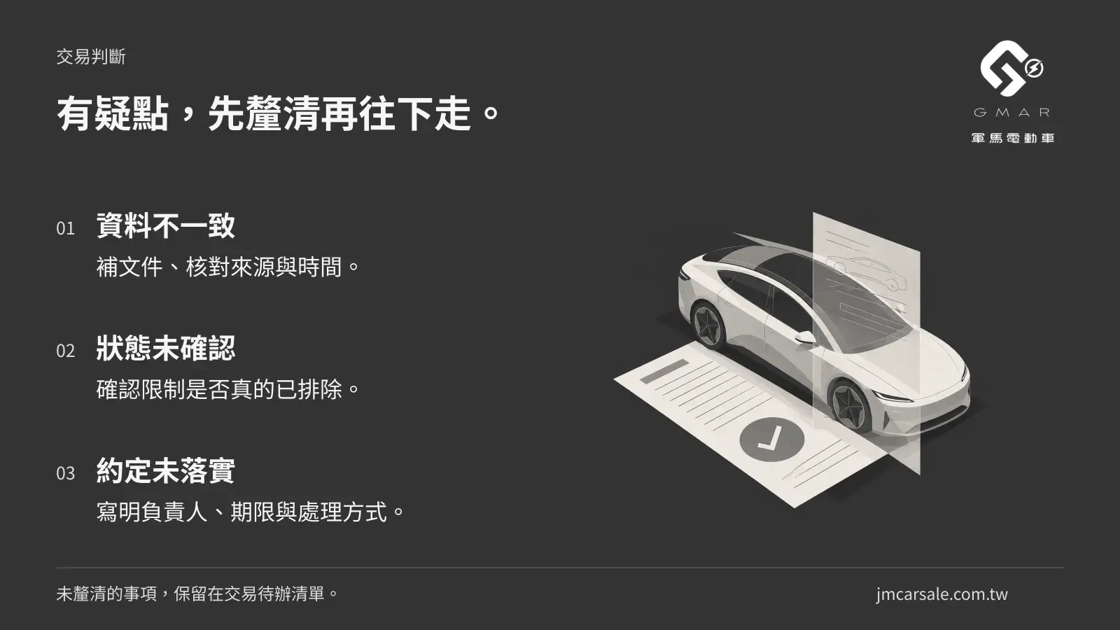 有疑點，先釐清再往下走。 資料不一致：補文件、核對來源與時間。；狀態未確認：確認限制是否真的已排除。；約定未落實：寫明負責人、期限與處理方式。 未釐清的事項，保留在交易待辦清單。